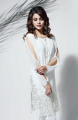 Pakistani White Cutwork Georgette Chiffon Tunic with Raw Silk Pants (2-Piece) - Image 3