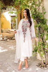 White Floral Embroidered Georgette Chiffon Salwar Kameez (3-Piece) - Image 2