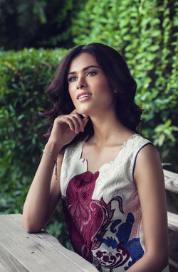 Pakistani White Embroidered Georgette Tunic with Raw Silk Pants (2-Piece) - Image 1