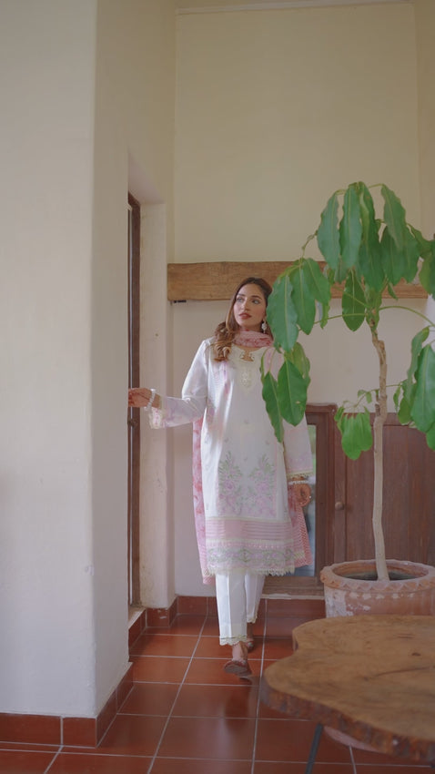 Pakistani White & Pink Embroidered Jacquard Lawn Suit (3-Piece) - Image 2