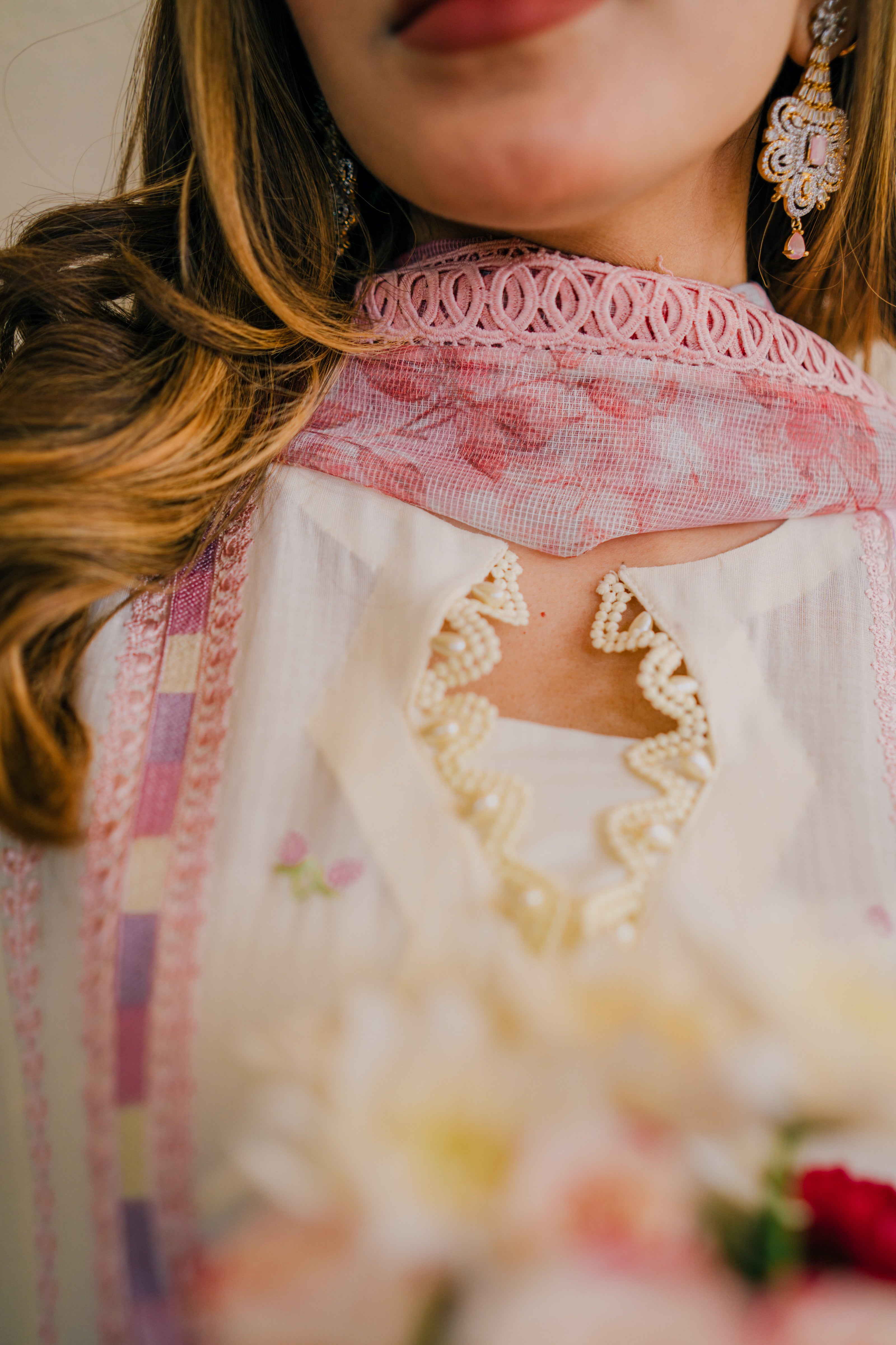 Pakistani White & Pink Embroidered Jacquard Lawn Suit (3-Piece) - Image 6