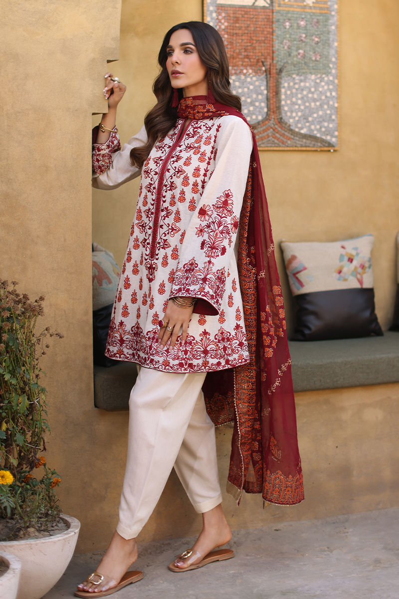 Pakistani White & Maroon Embroidered Karandi Lawn Salwar Kameez (3-Piece) - Image 1