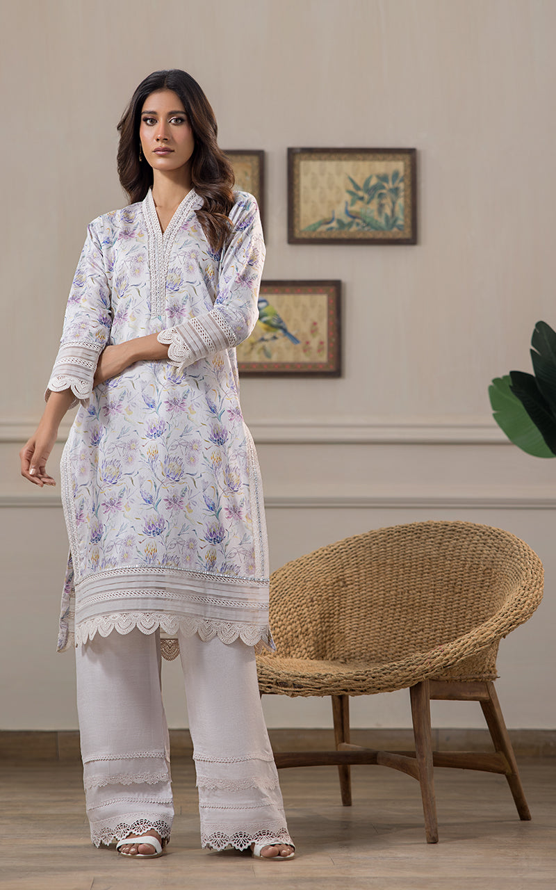 White Floral Lace Khaddi Net Salwar Kameez (2-Piece) - Image 1