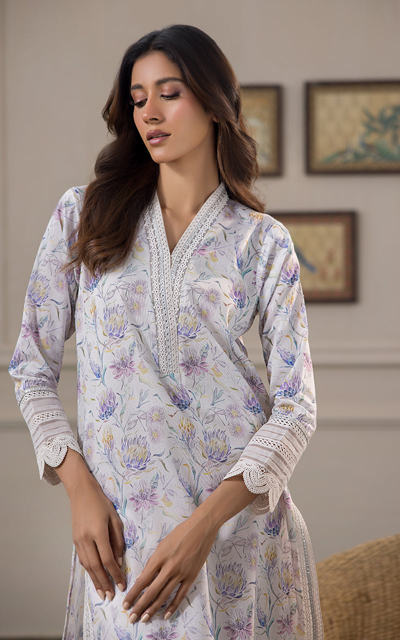 White Floral Lace Khaddi Net Salwar Kameez (2-Piece) - Image 2