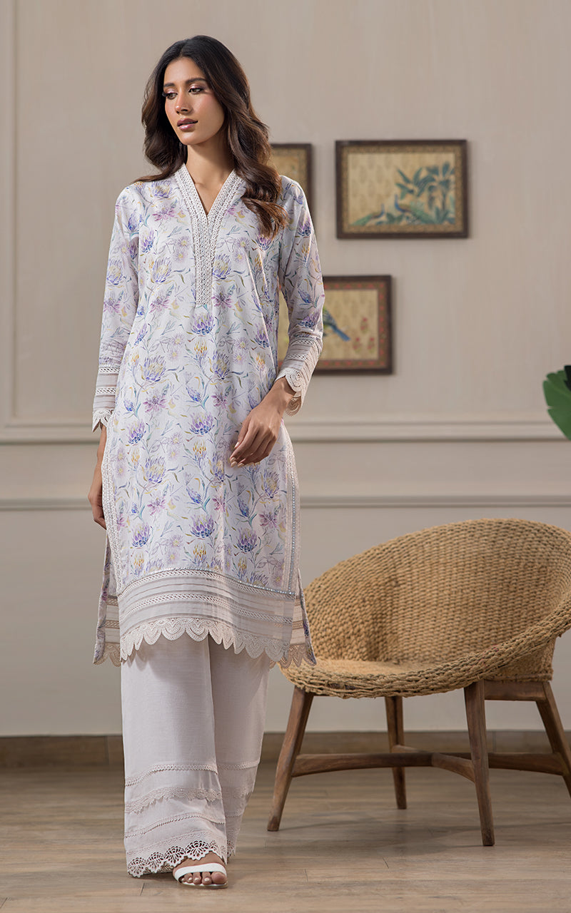 White Floral Lace Khaddi Net Salwar Kameez (2-Piece) - Image 5