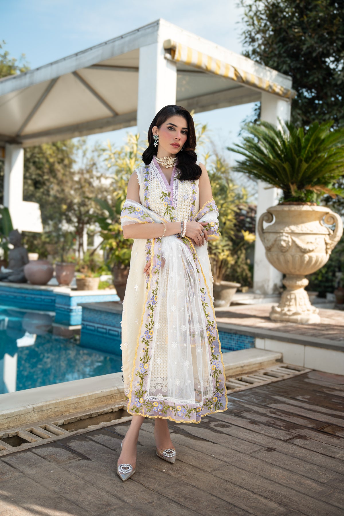 White Embroidered Khadi Net Salwar Kameez (3-Piece) - Image 1