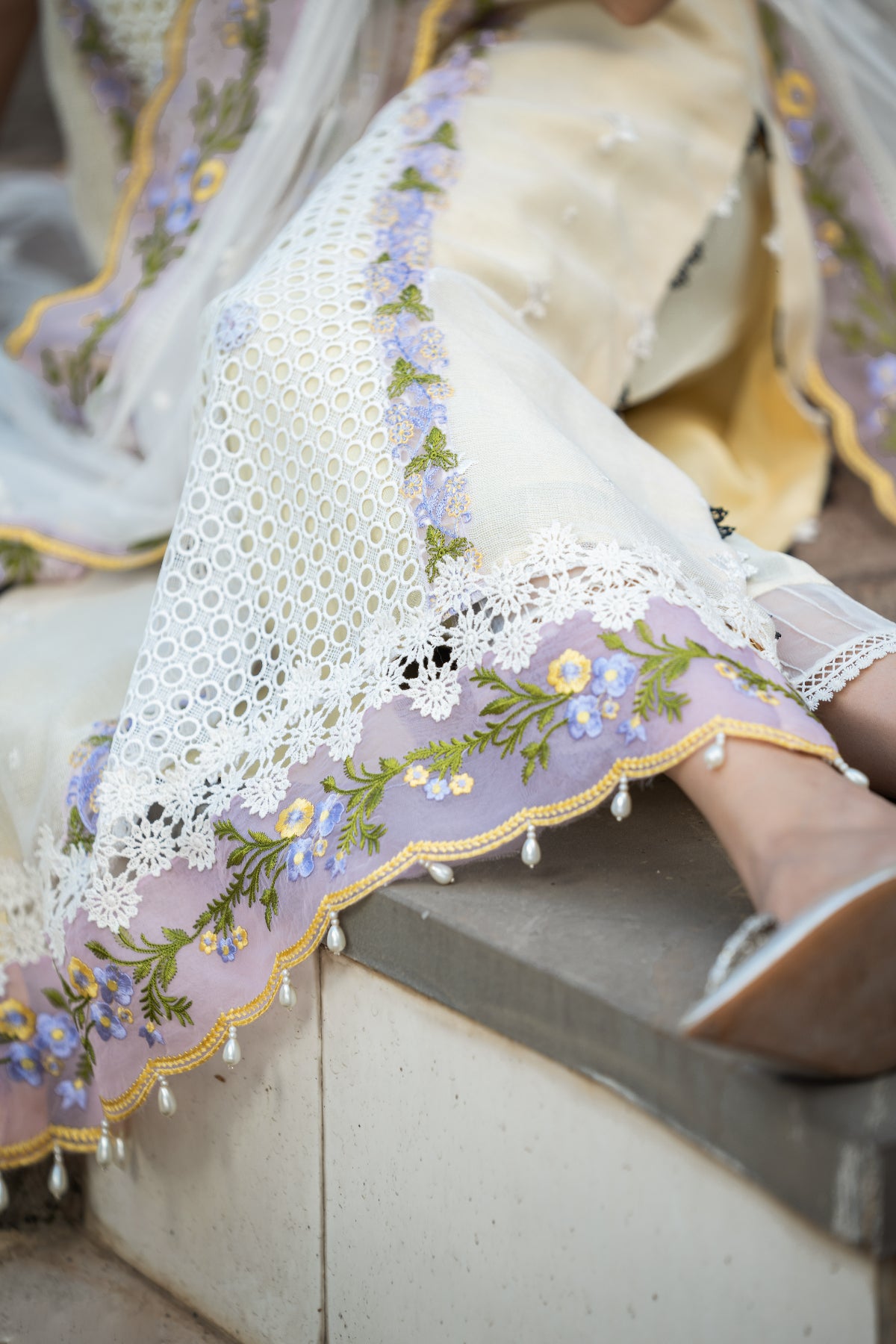 White Embroidered Khadi Net Salwar Kameez (3-Piece) - Image 10