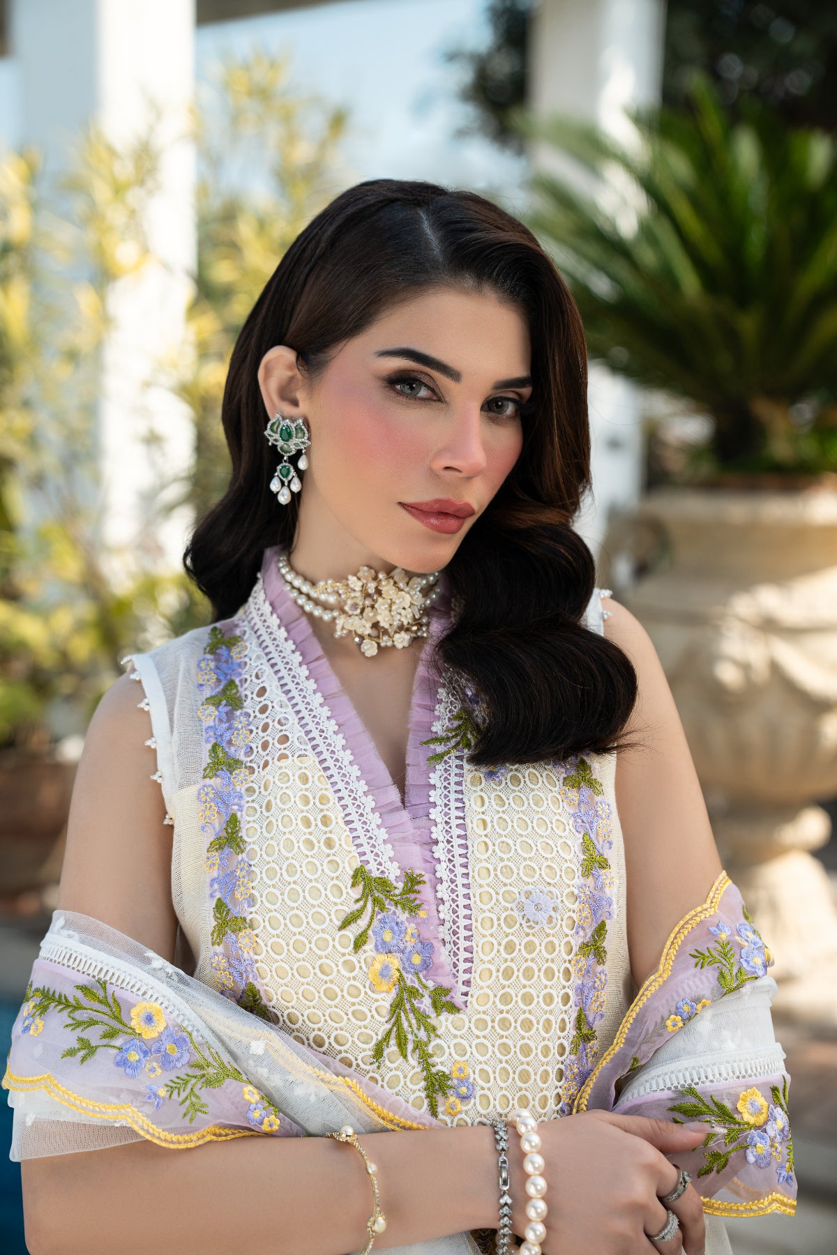 White Embroidered Khadi Net Salwar Kameez (3-Piece) - Image 2