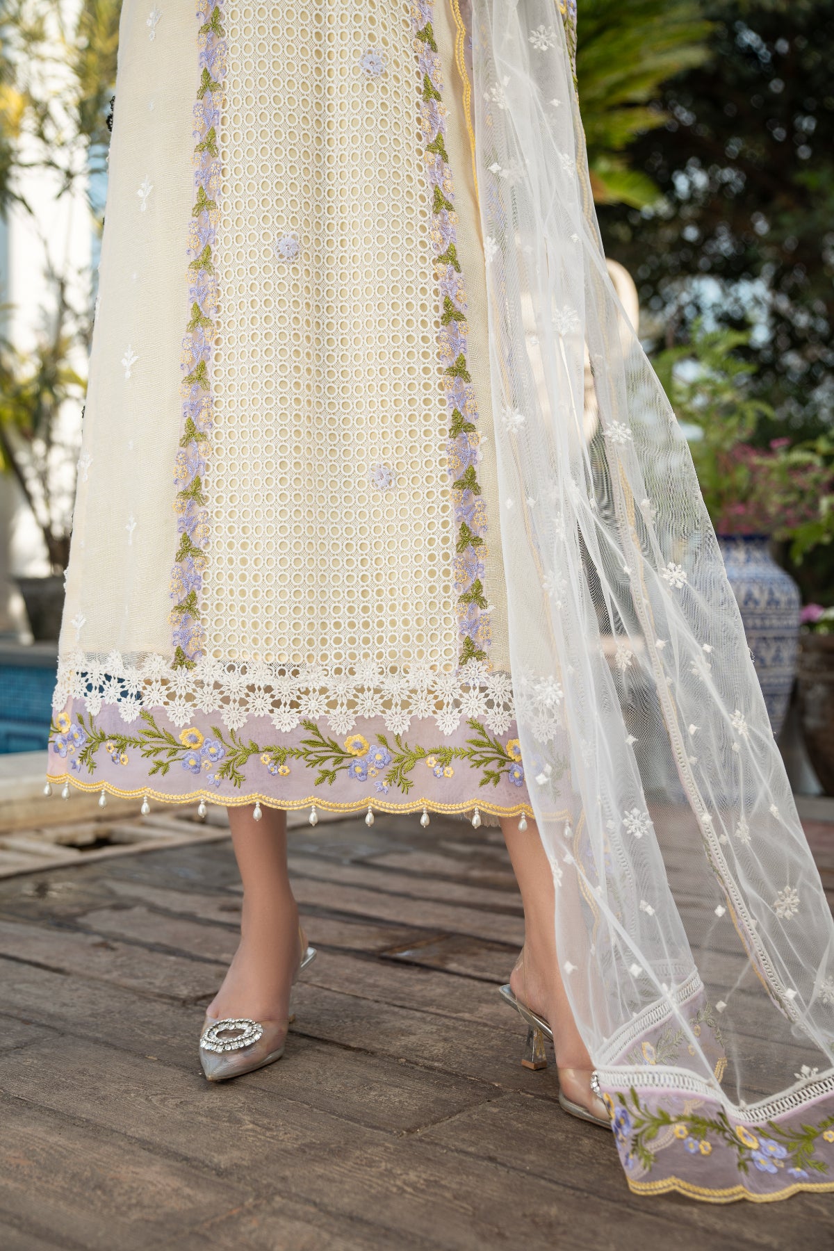 White Embroidered Khadi Net Salwar Kameez (3-Piece) - Image 7
