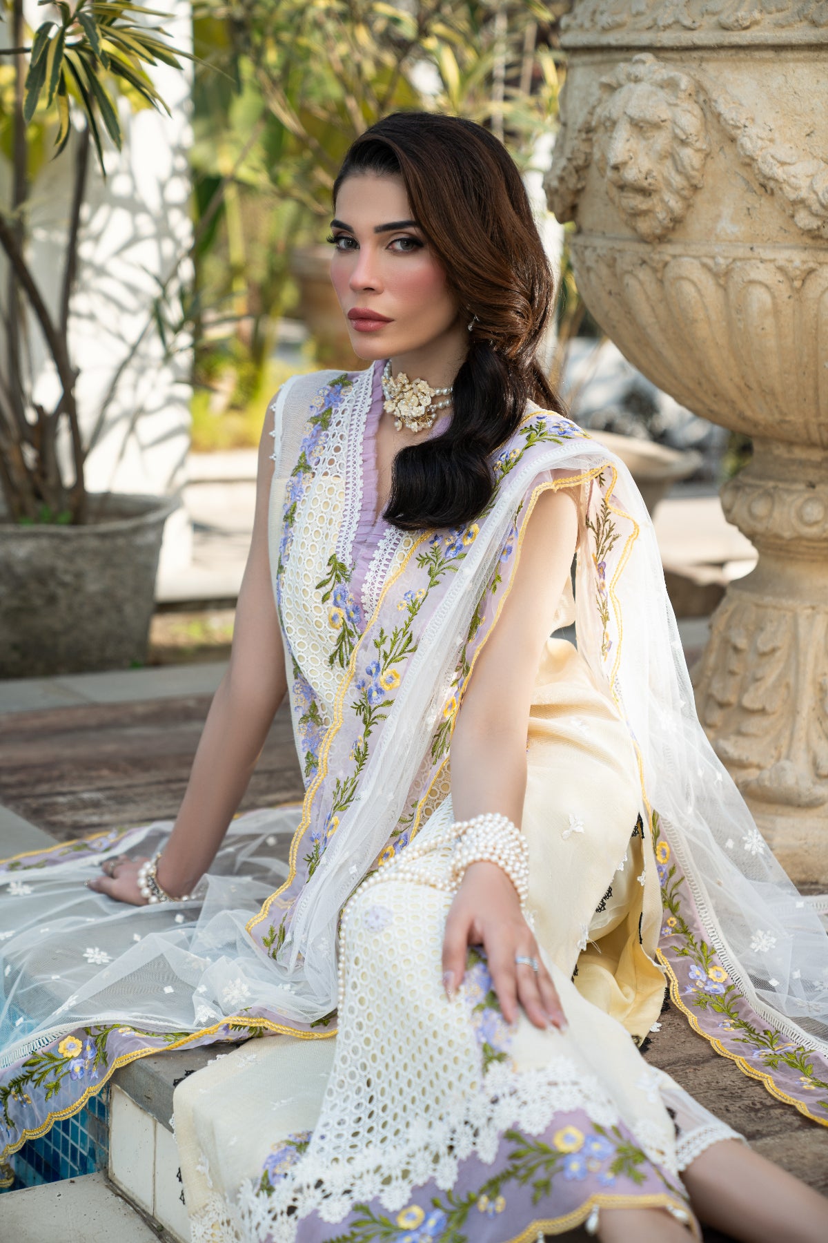 White Embroidered Khadi Net Salwar Kameez (3-Piece) - Image 9