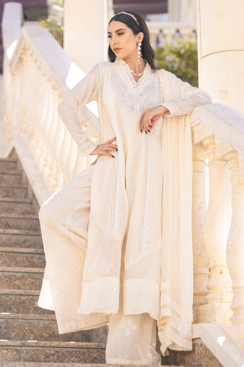 Swan White Embroidered Kora Cotton Salwar Kameez (3-Piece) - Image 1