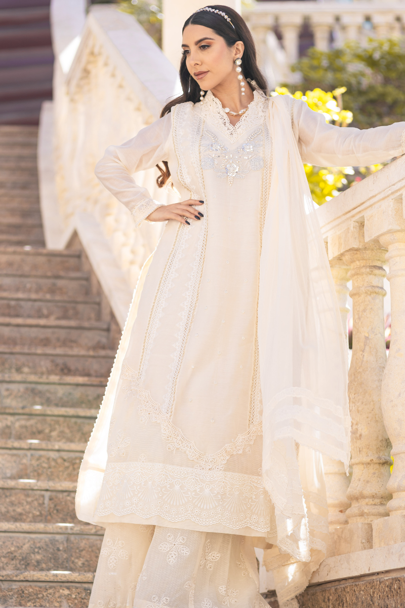 Swan White Embroidered Kora Cotton Salwar Kameez (3-Piece) - Image 4