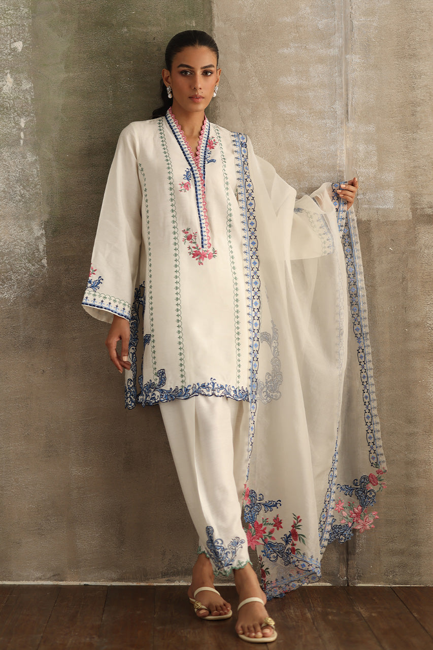 White Cutwork Embroidered Pure Kora Slub Salwar Kameez (3-Piece) - Image 1