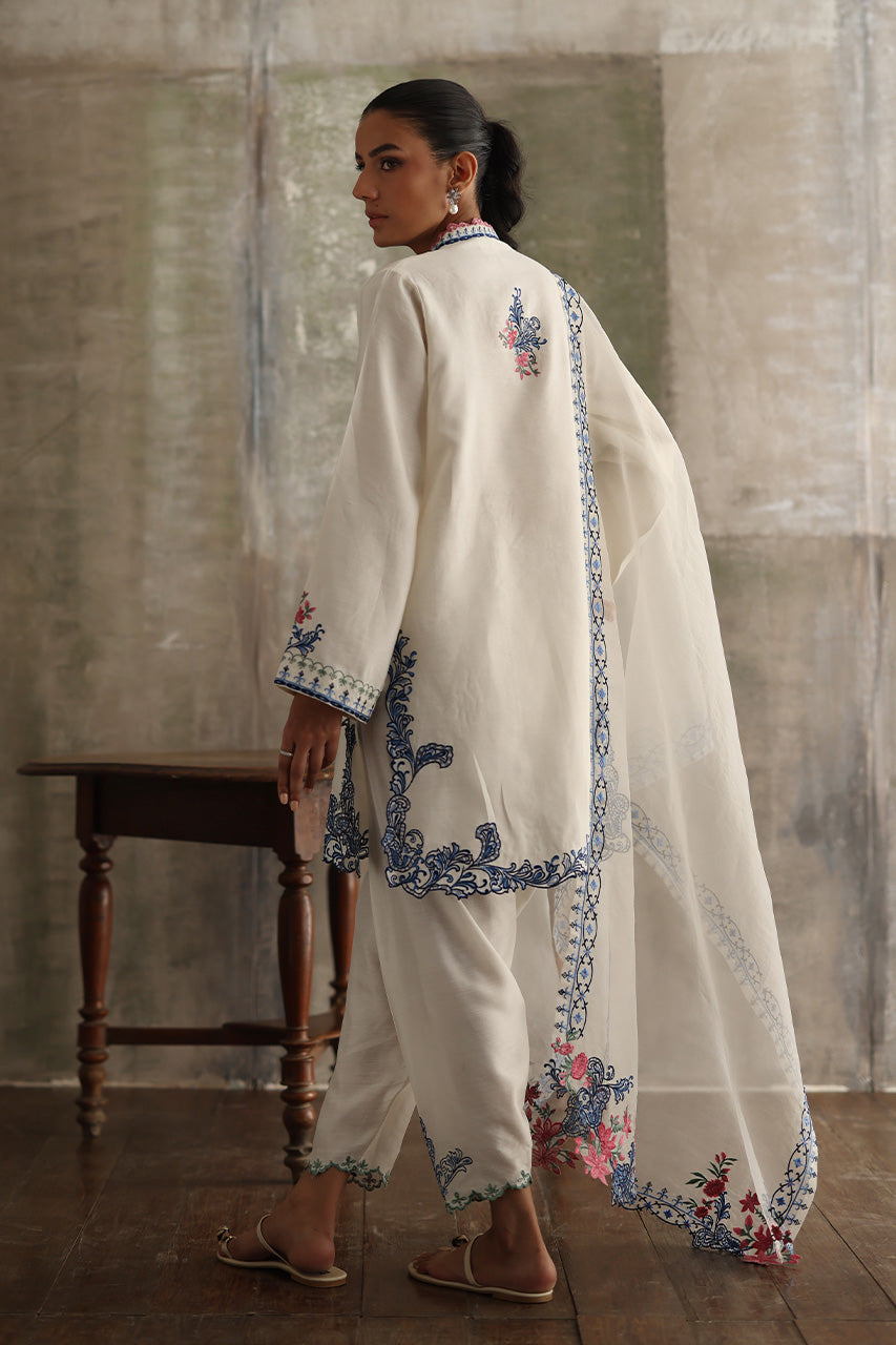 White Cutwork Embroidered Pure Kora Slub Salwar Kameez (3-Piece) - Image 2