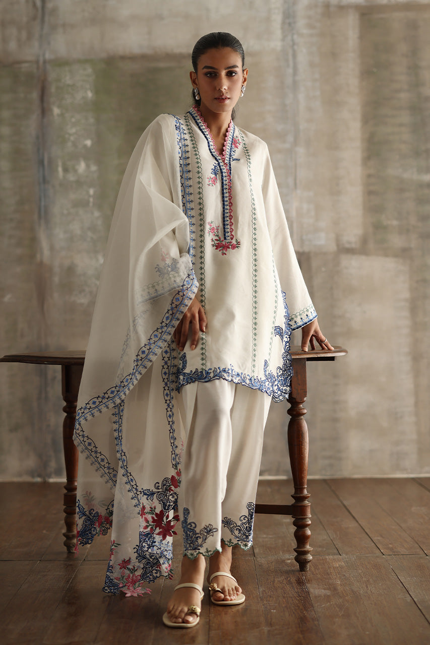 White Cutwork Embroidered Pure Kora Slub Salwar Kameez (3-Piece) - Image 3