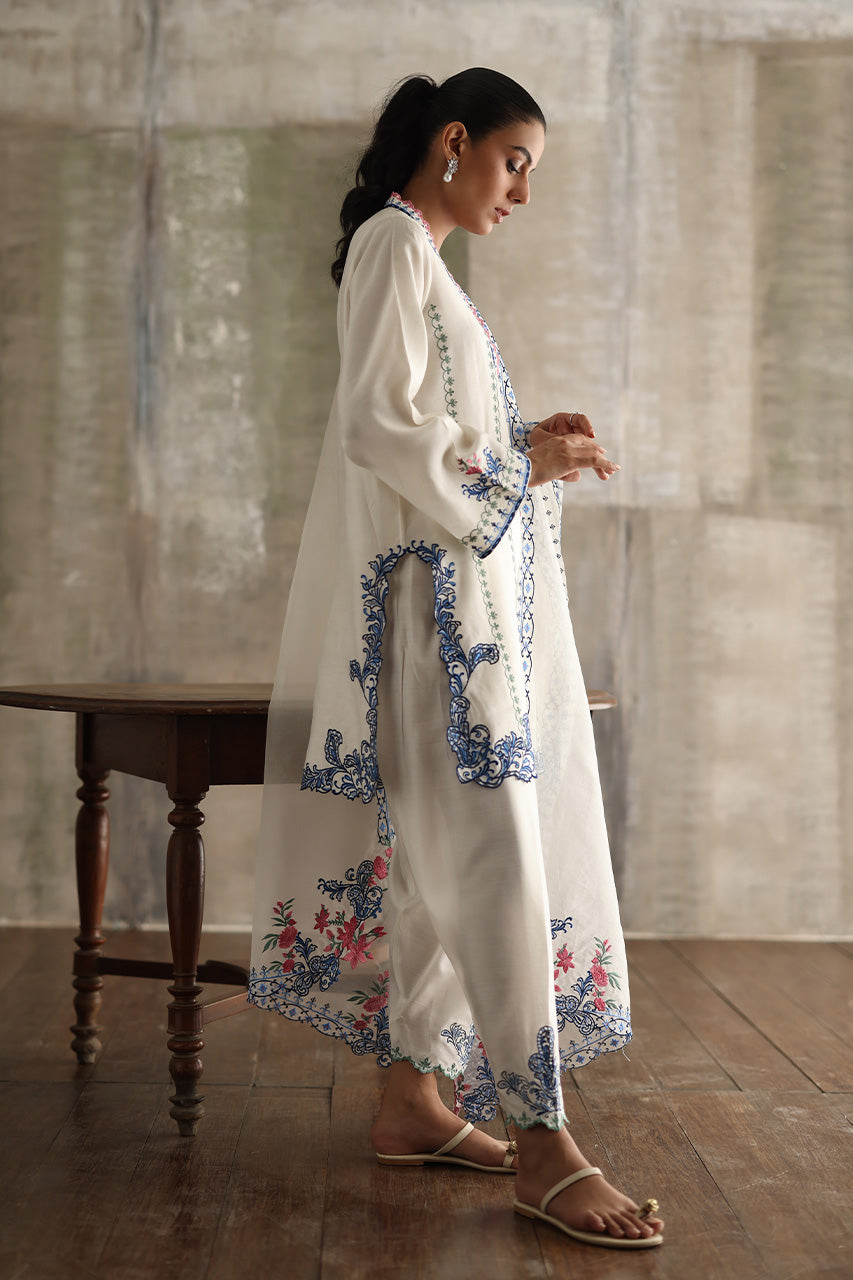 White Cutwork Embroidered Pure Kora Slub Salwar Kameez (3-Piece) - Image 5