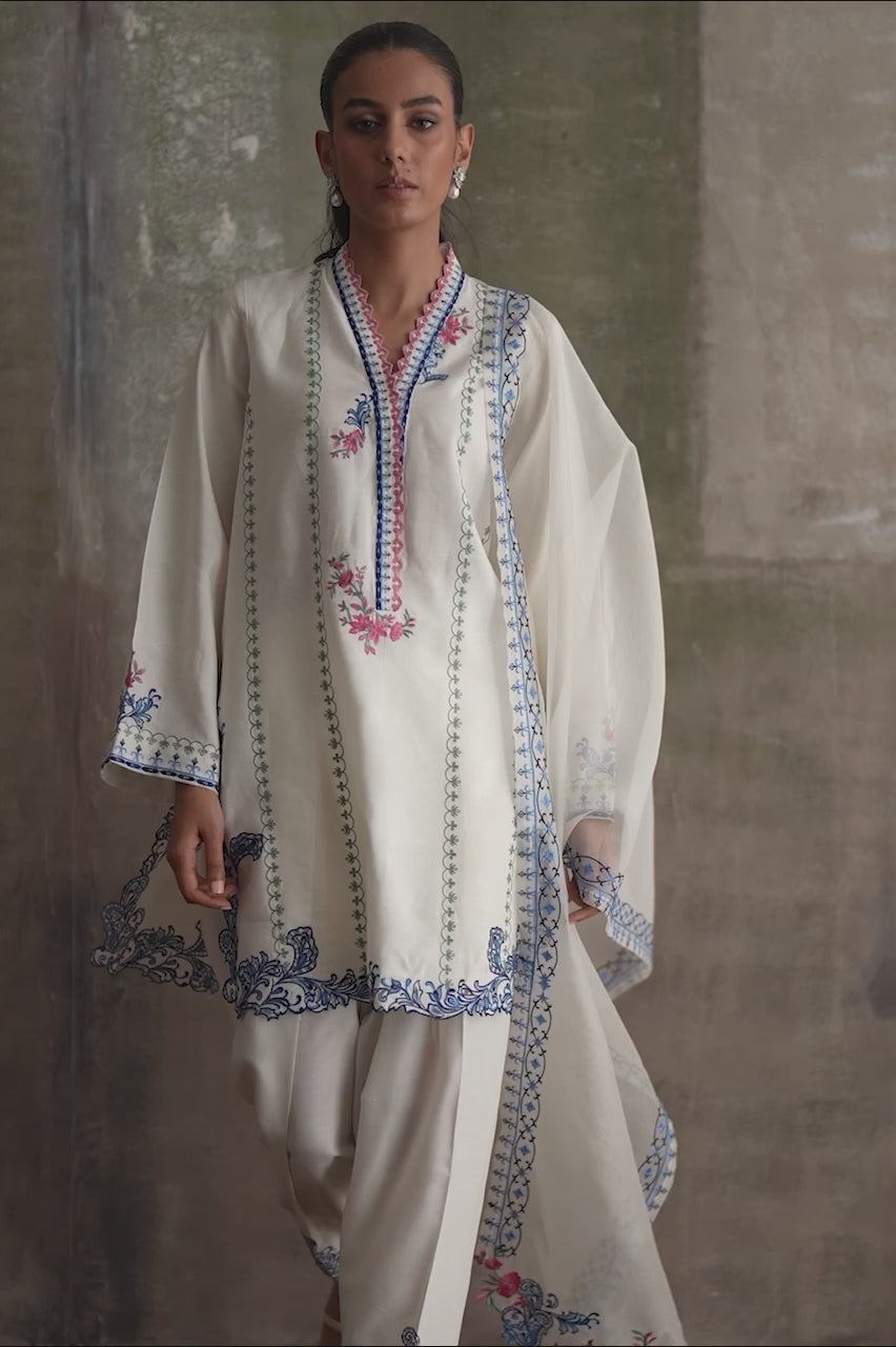 White Cutwork Embroidered Pure Kora Slub Salwar Kameez (3-Piece) - Image 6