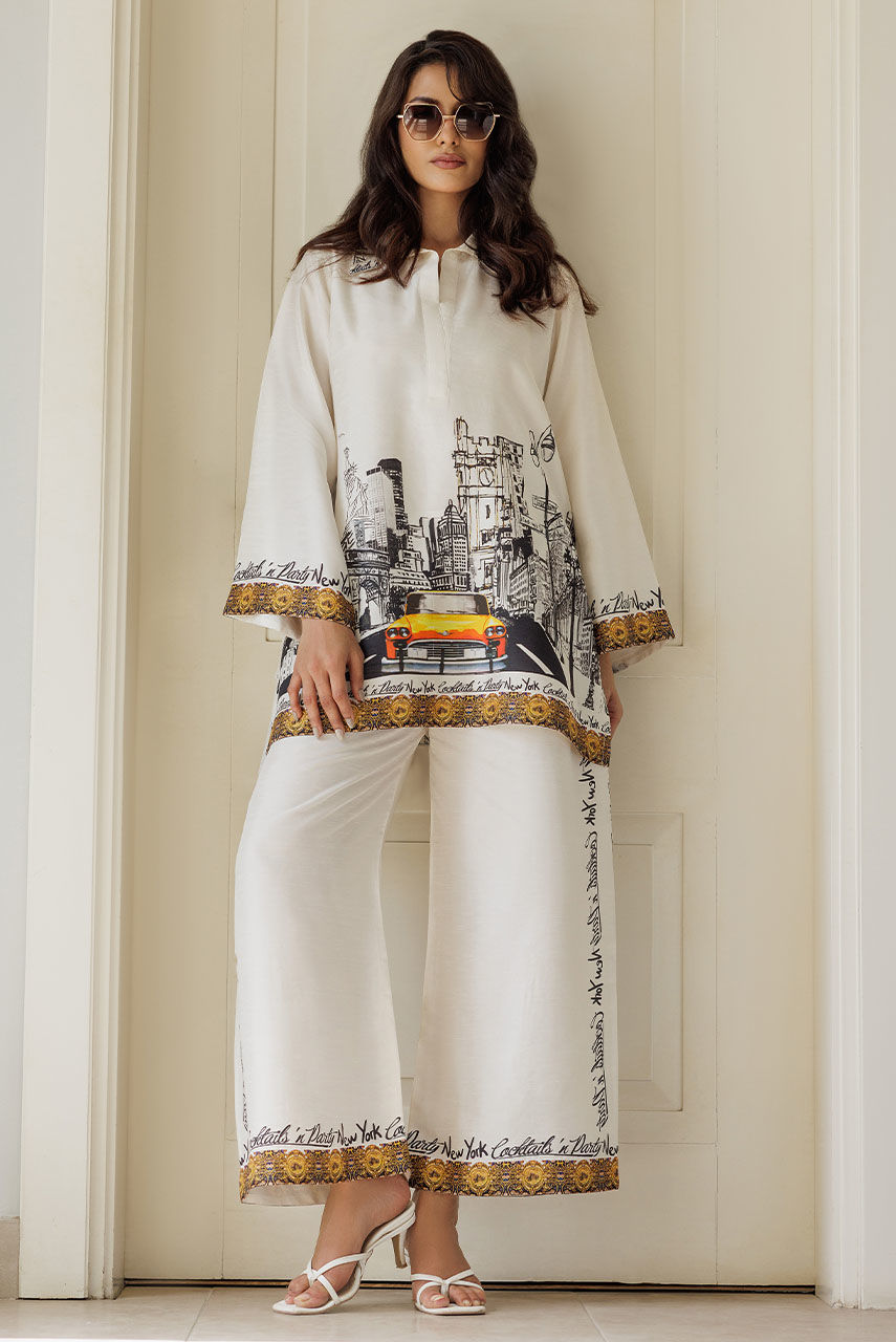 Pakistani White Printed Korean Silk Co-ord Set (2-Piece) - Image 1