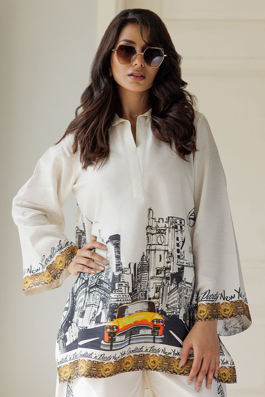 Pakistani White Printed Korean Silk Co-ord Set (2-Piece) - Image 2