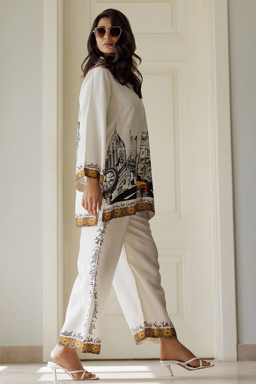 Pakistani White Printed Korean Silk Co-ord Set (2-Piece) - Image 6