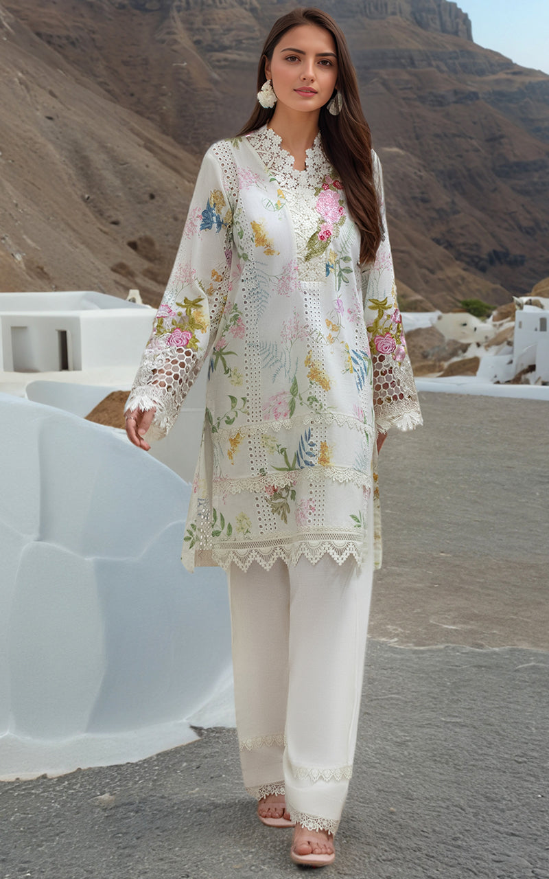 Pakistani White Cutwork Embroidered Lawn Salwar Kameez (2-Piece) - Image 1