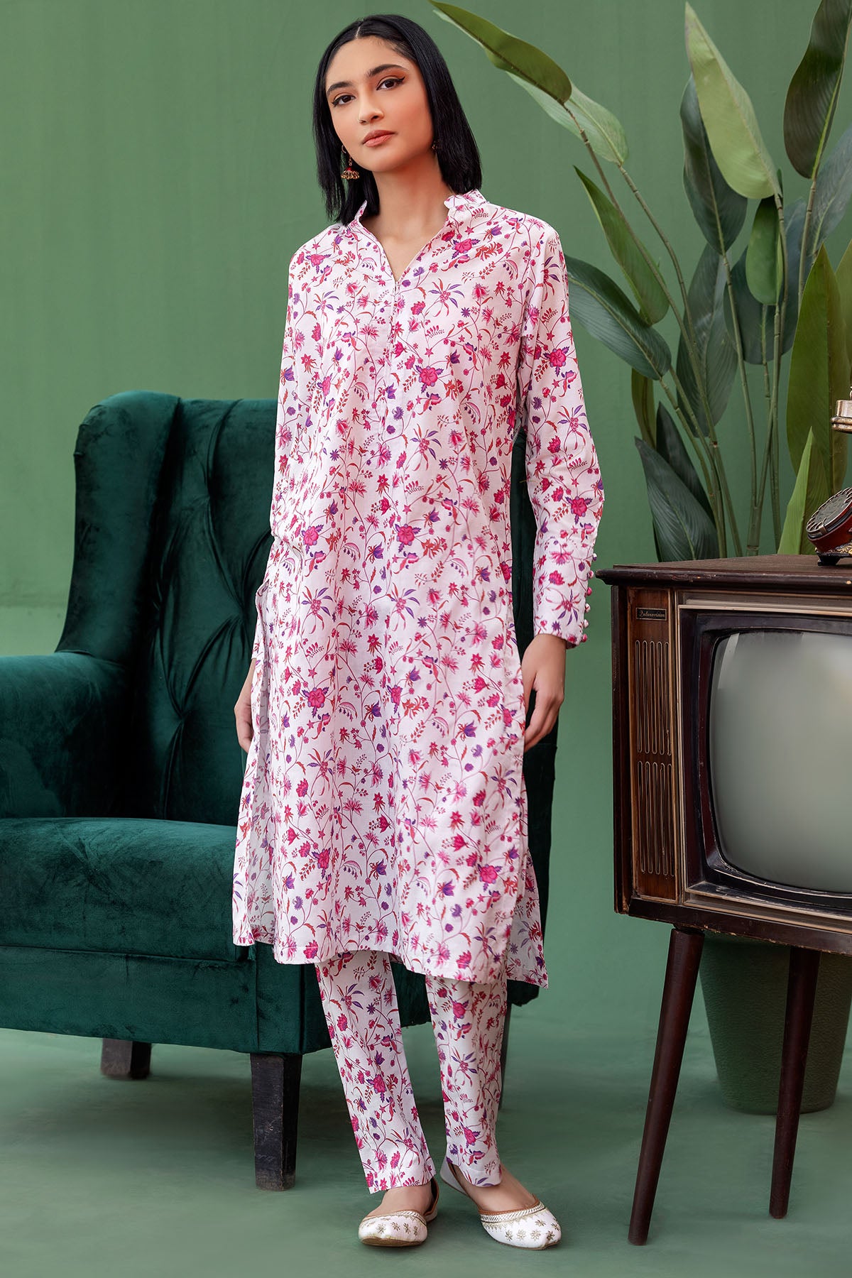 Pakistani White & Pink Digital Printed Lawn Salwar Kameez (2-Piece) - Image 1