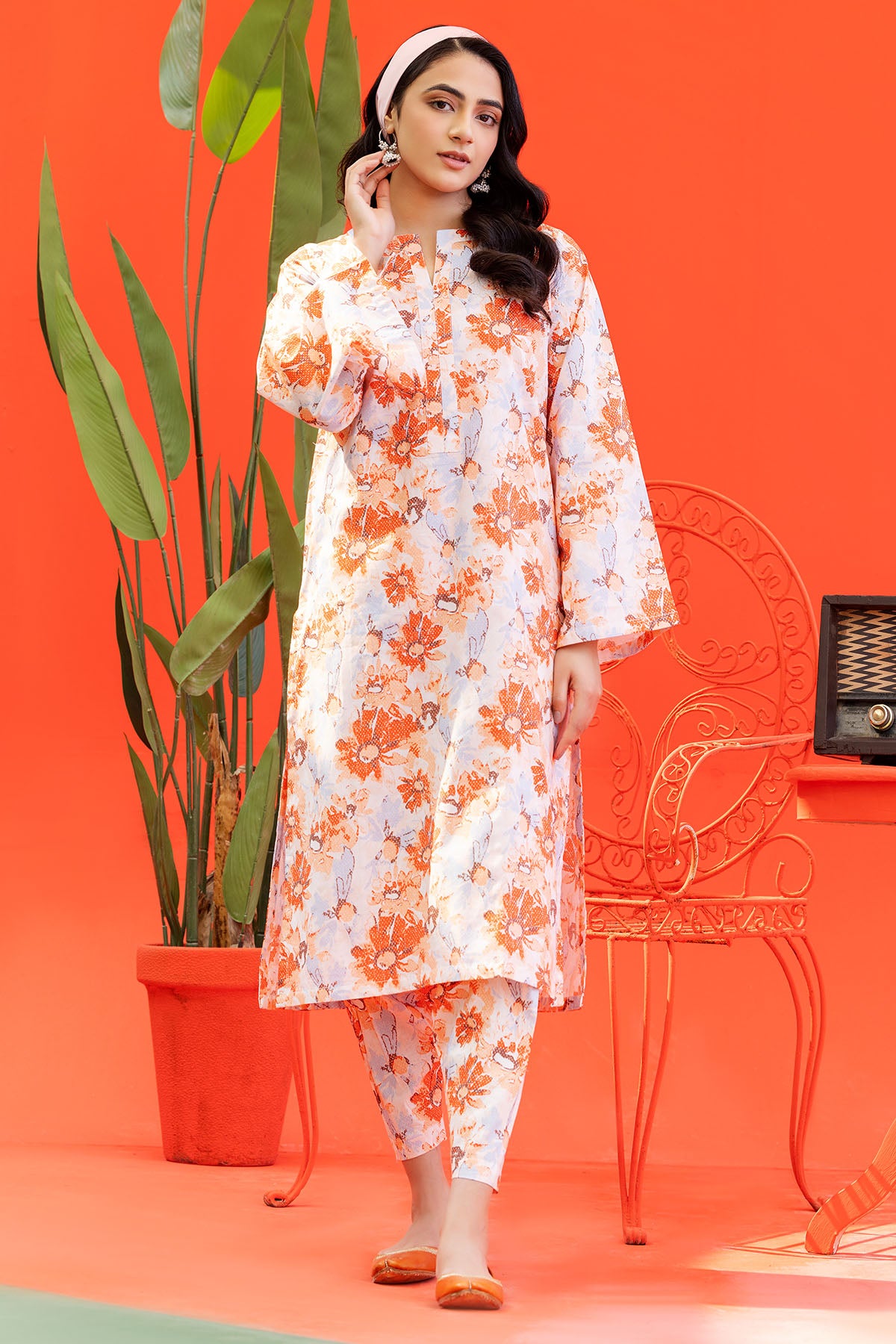 White Orange Digital Printed Lawn Salwar Kameez (2-Piece) - Image 1