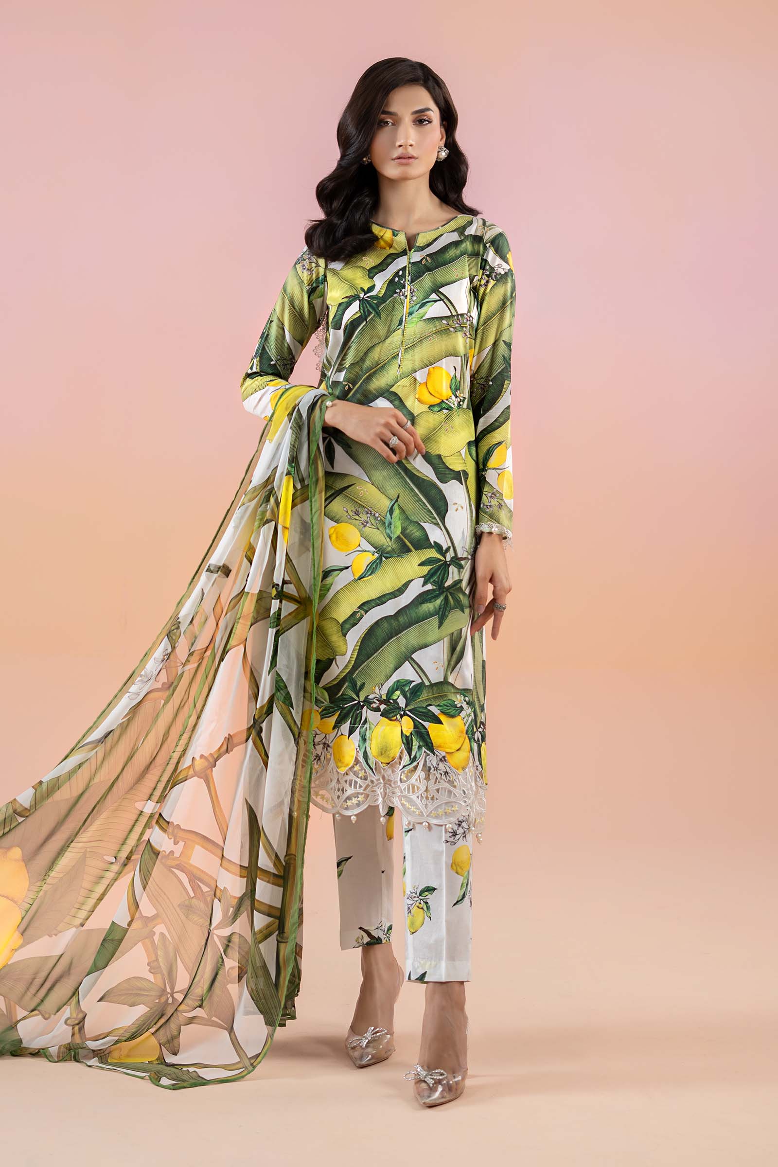 Pakistani White Yellow Printed Lawn Salwar Kameez (3-Piece) - Image 1