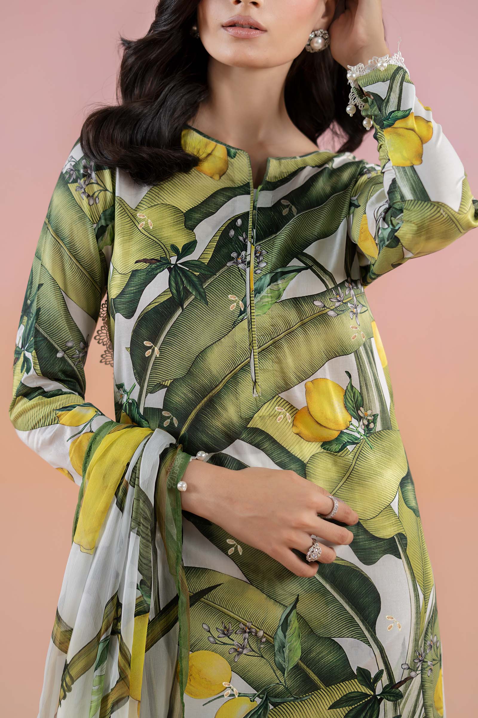 Pakistani White Yellow Printed Lawn Salwar Kameez (3-Piece) - Image 2