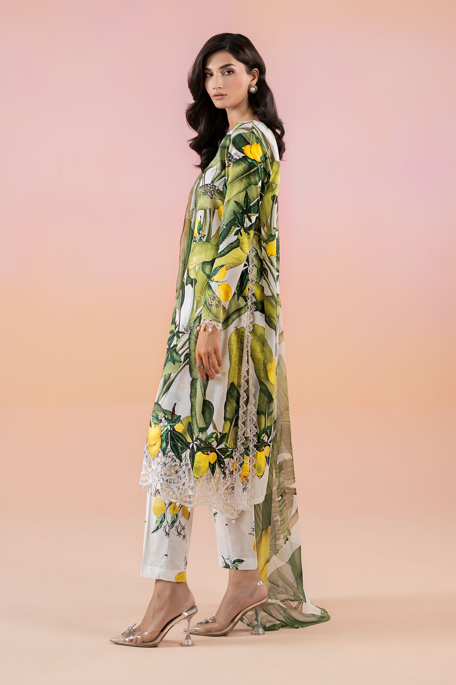 Pakistani White Yellow Printed Lawn Salwar Kameez (3-Piece) - Image 3