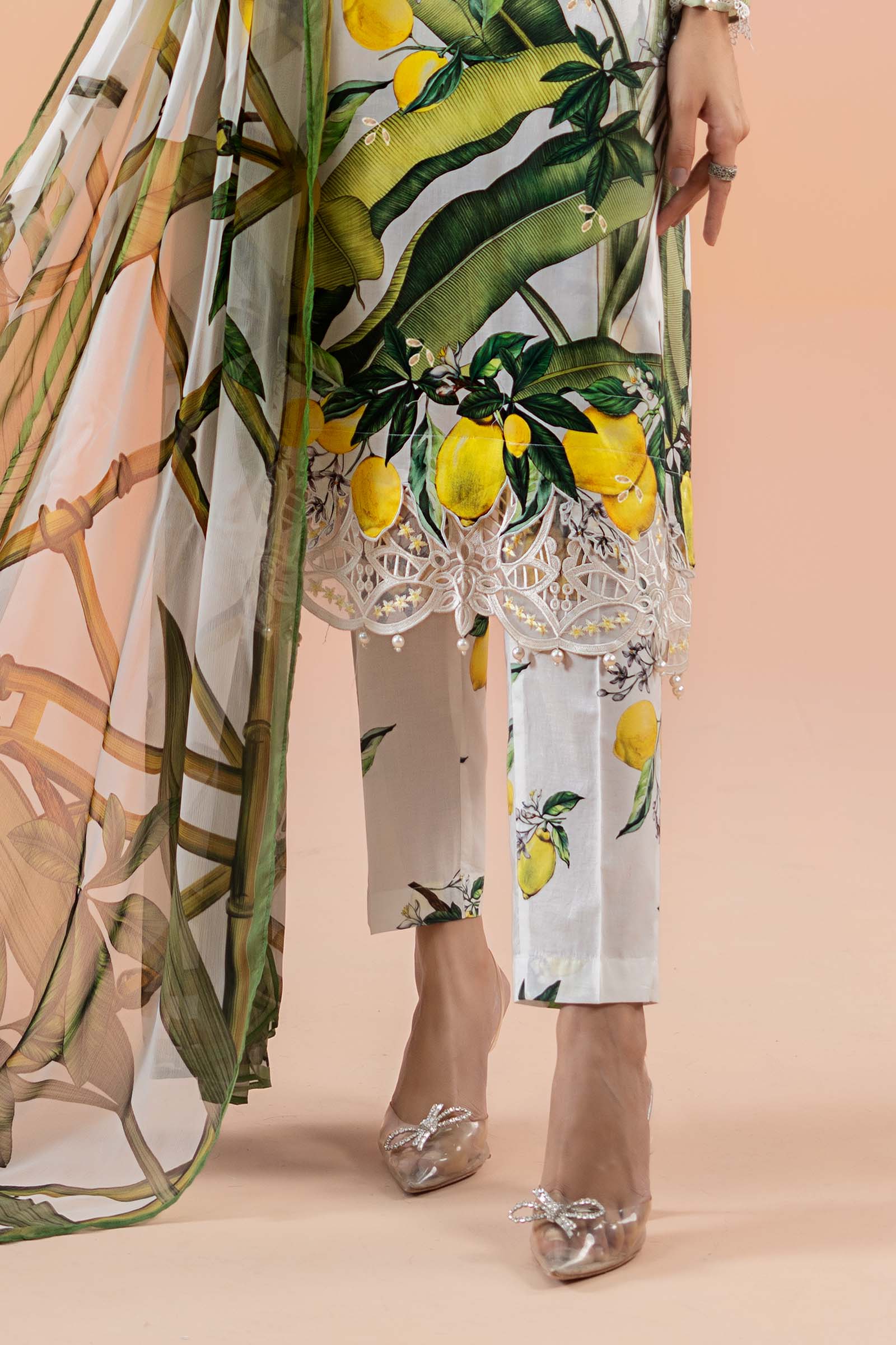 Pakistani White Yellow Printed Lawn Salwar Kameez (3-Piece) - Image 4