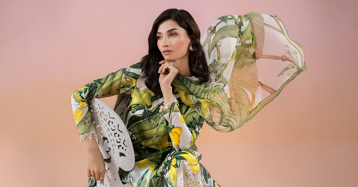 Pakistani White Yellow Printed Lawn Salwar Kameez (3-Piece) - Image 7