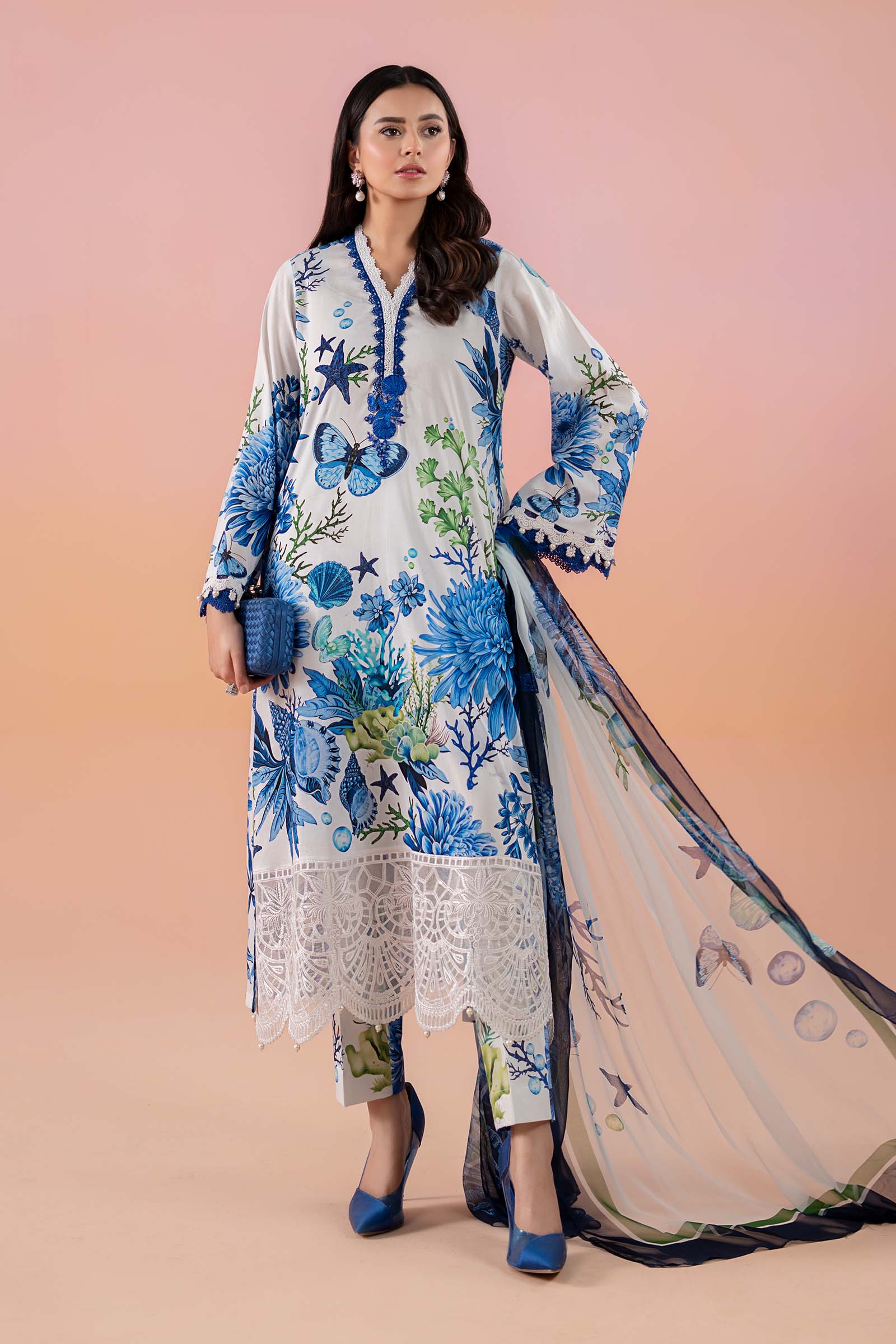 Pakistani White & Blue Printed Lawn 3-Piece Suit - Image 1