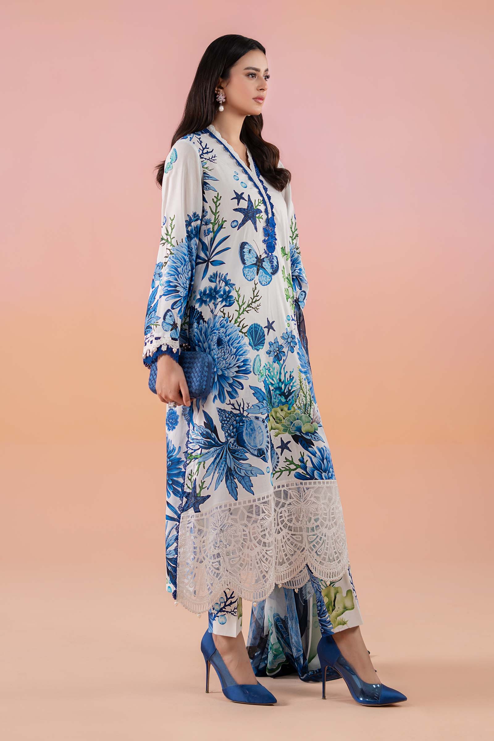 Pakistani White & Blue Printed Lawn 3-Piece Suit - Image 6