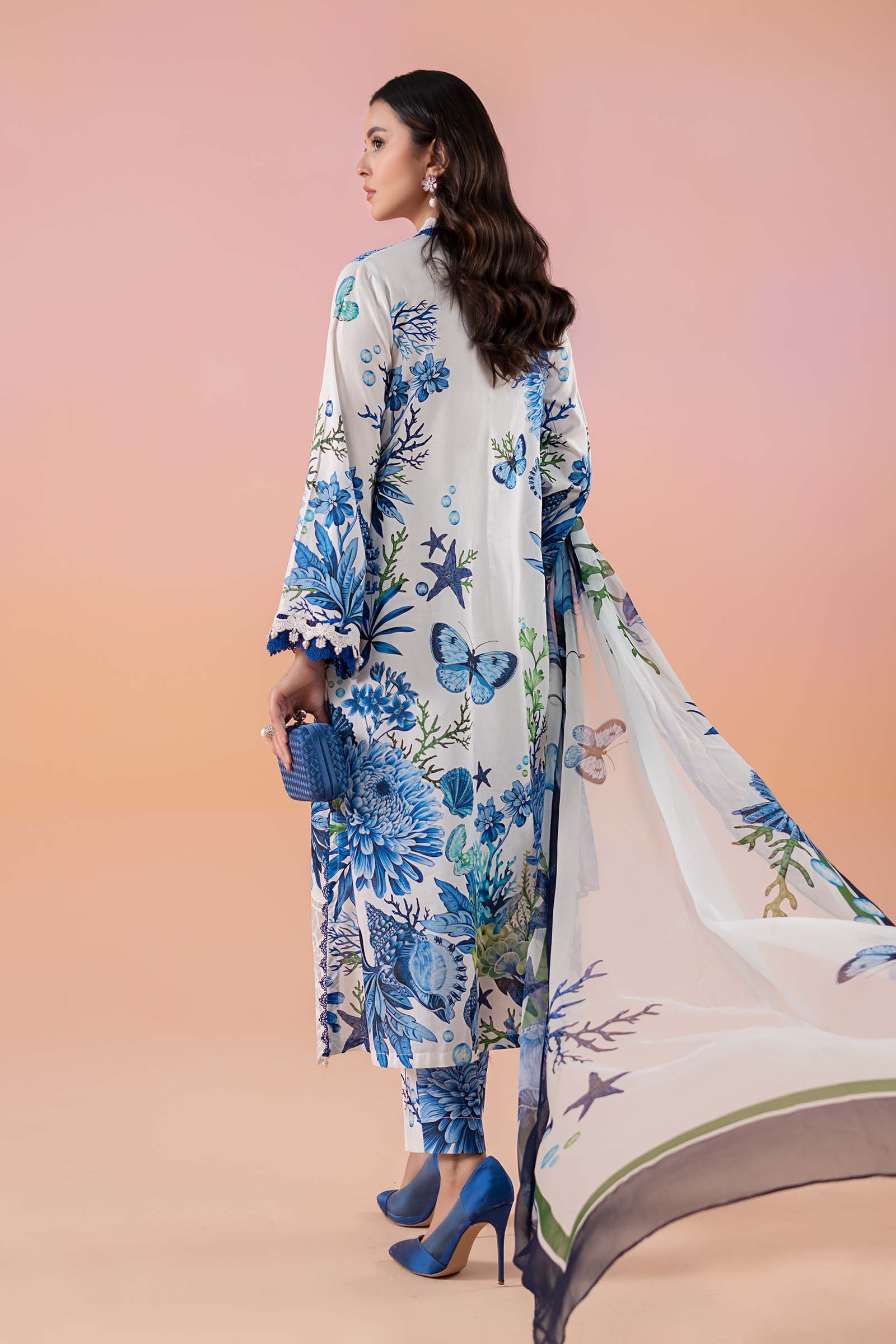 Pakistani White & Blue Printed Lawn 3-Piece Suit - Image 7