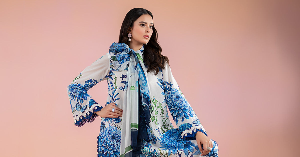 Pakistani White & Blue Printed Lawn 3-Piece Suit - Image 8