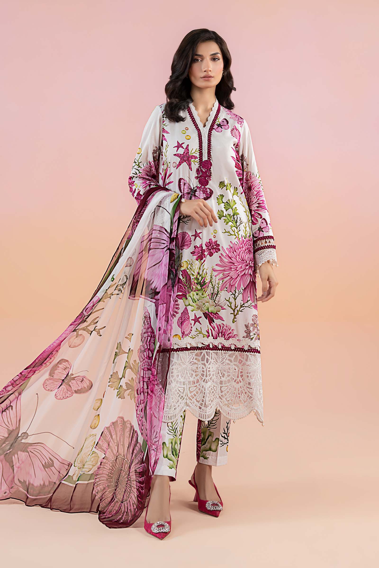 White & Pink Printed Lawn 3-Piece Suit - Image 1