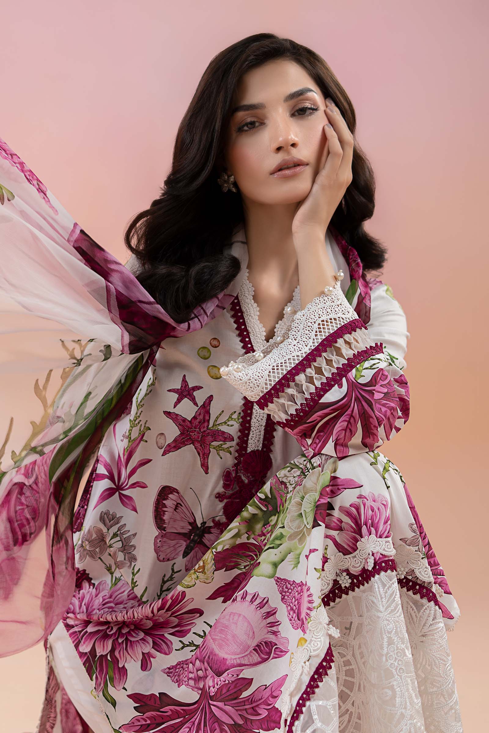 White & Pink Printed Lawn 3-Piece Suit - Image 2