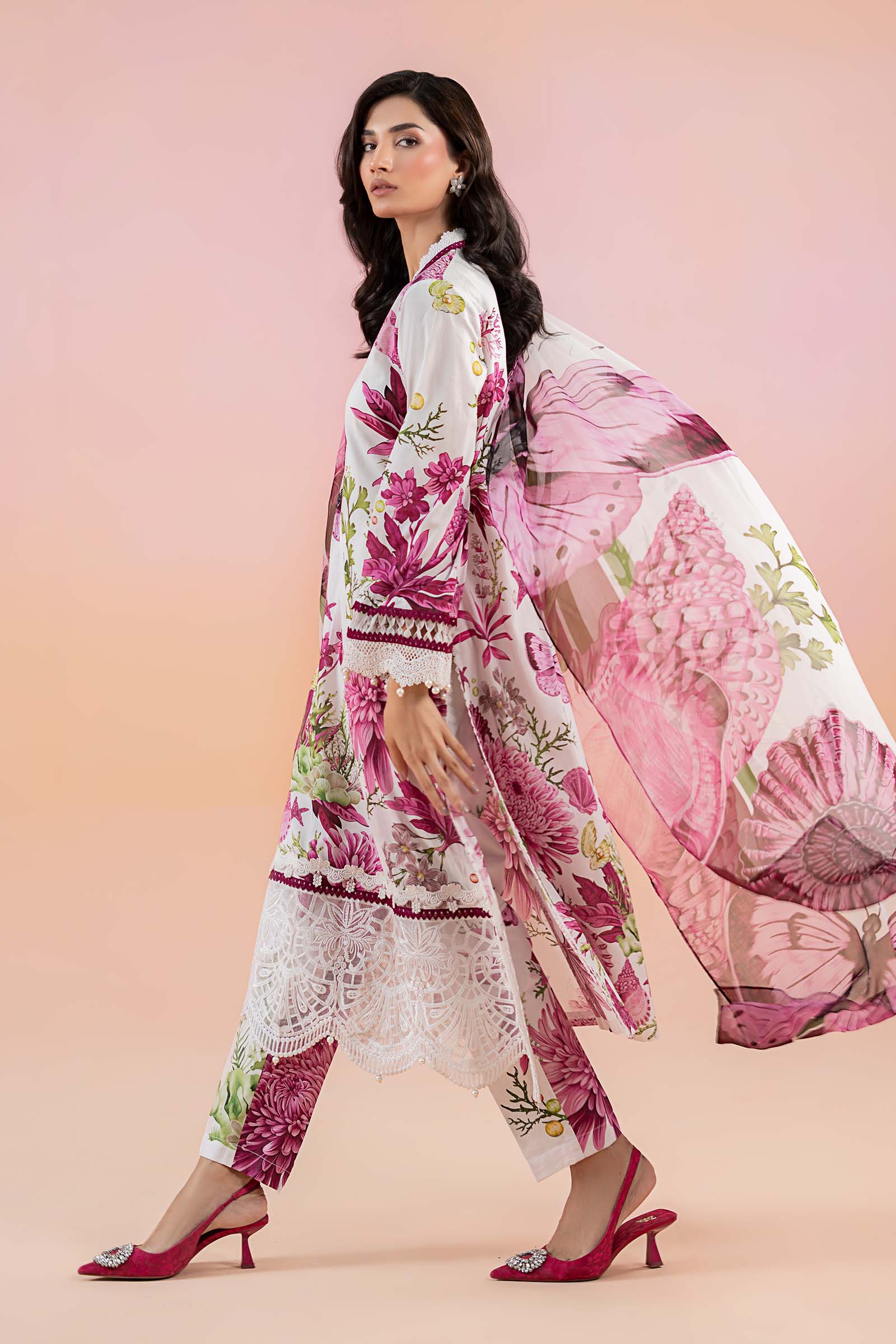 White & Pink Printed Lawn 3-Piece Suit - Image 5