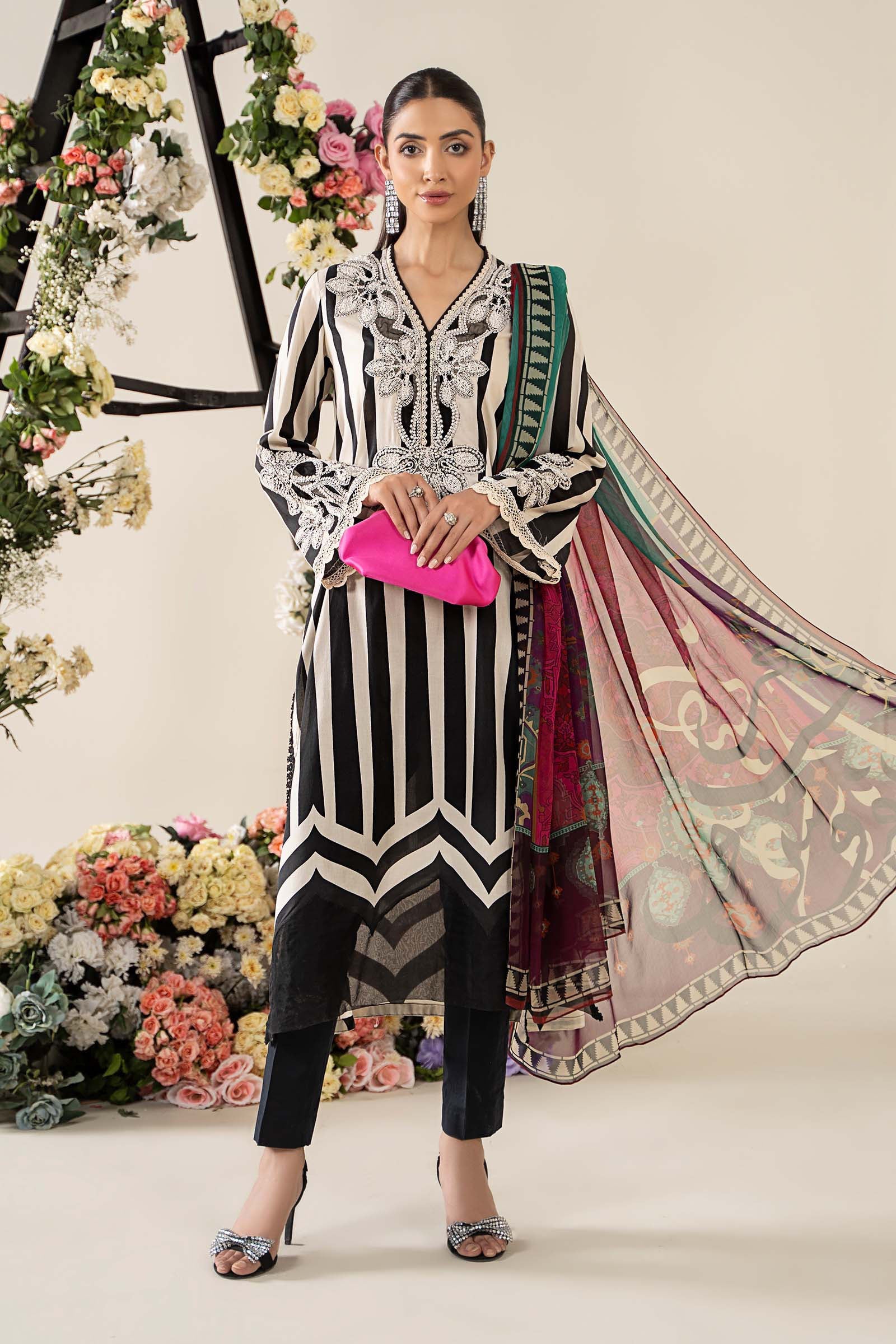 White & Black Embroidered Lawn Salwar Kameez (3-Piece) - Image 2