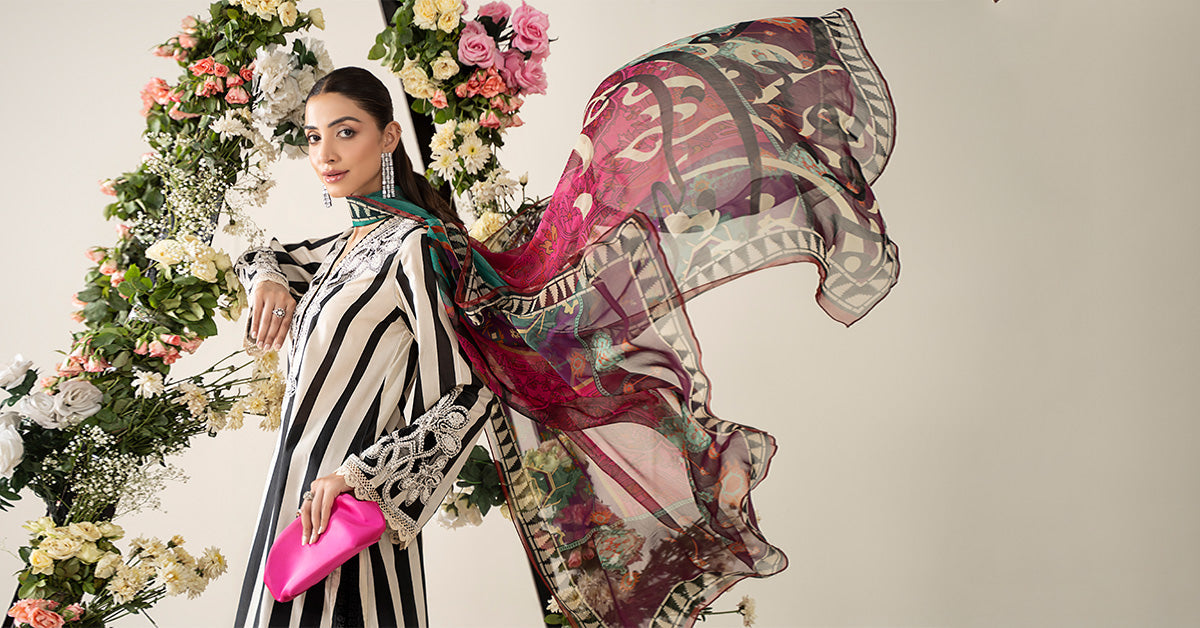 White & Black Embroidered Lawn Salwar Kameez (3-Piece) - Image 8