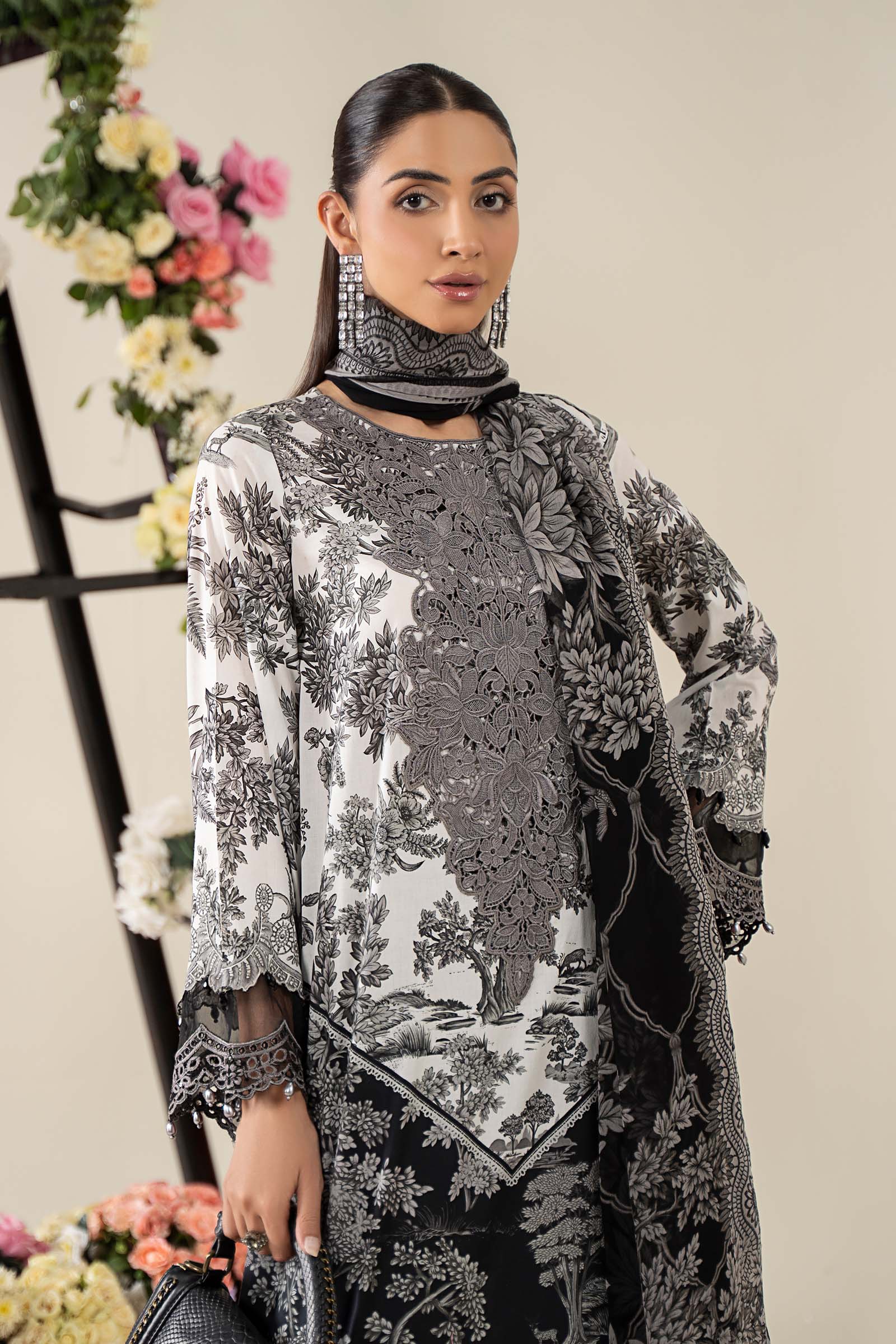 Pakistani Off-White & Black Embroidered Lawn 3-Piece Suit - Image 3