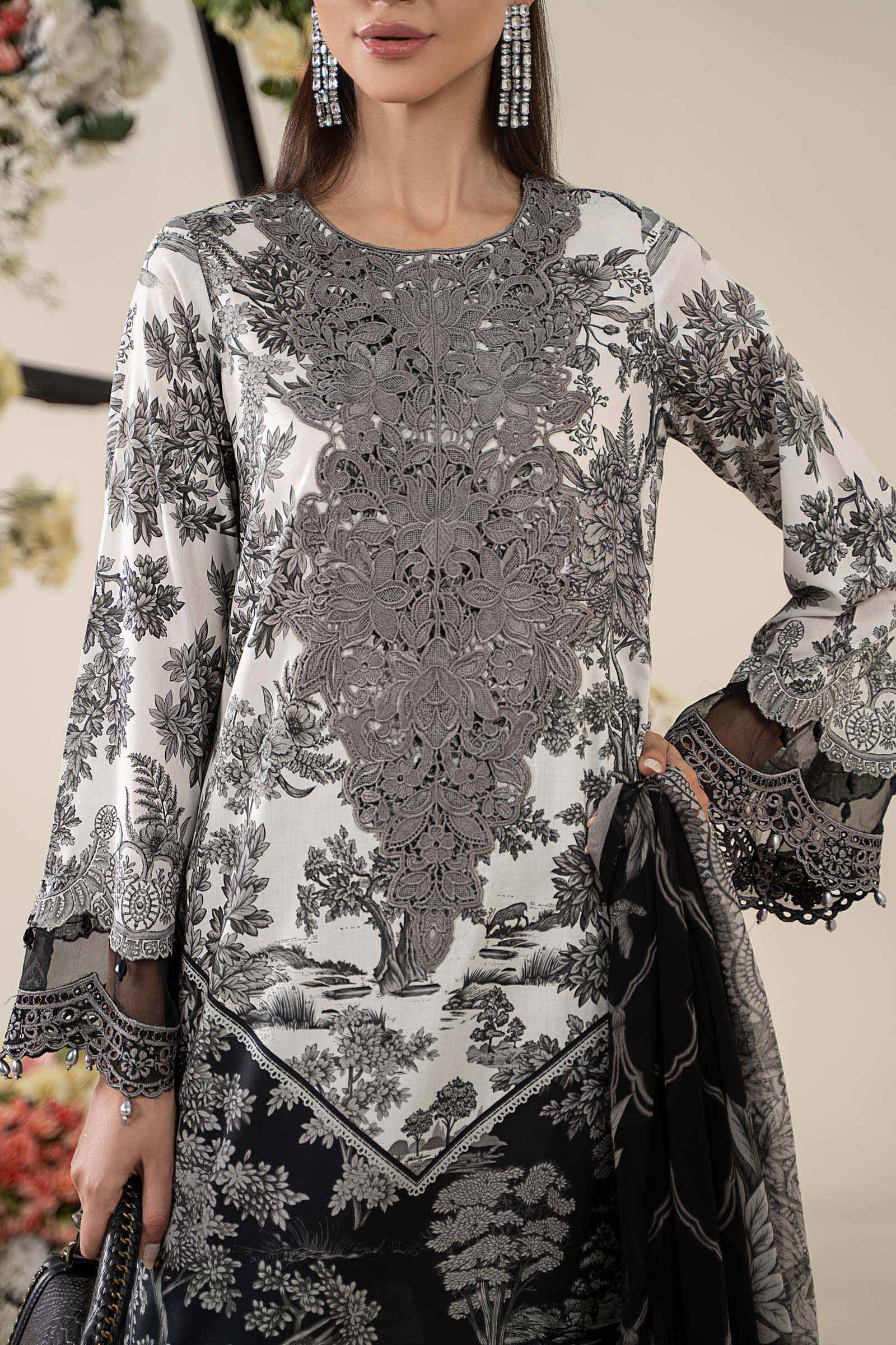 Pakistani Off-White & Black Embroidered Lawn 3-Piece Suit - Image 4
