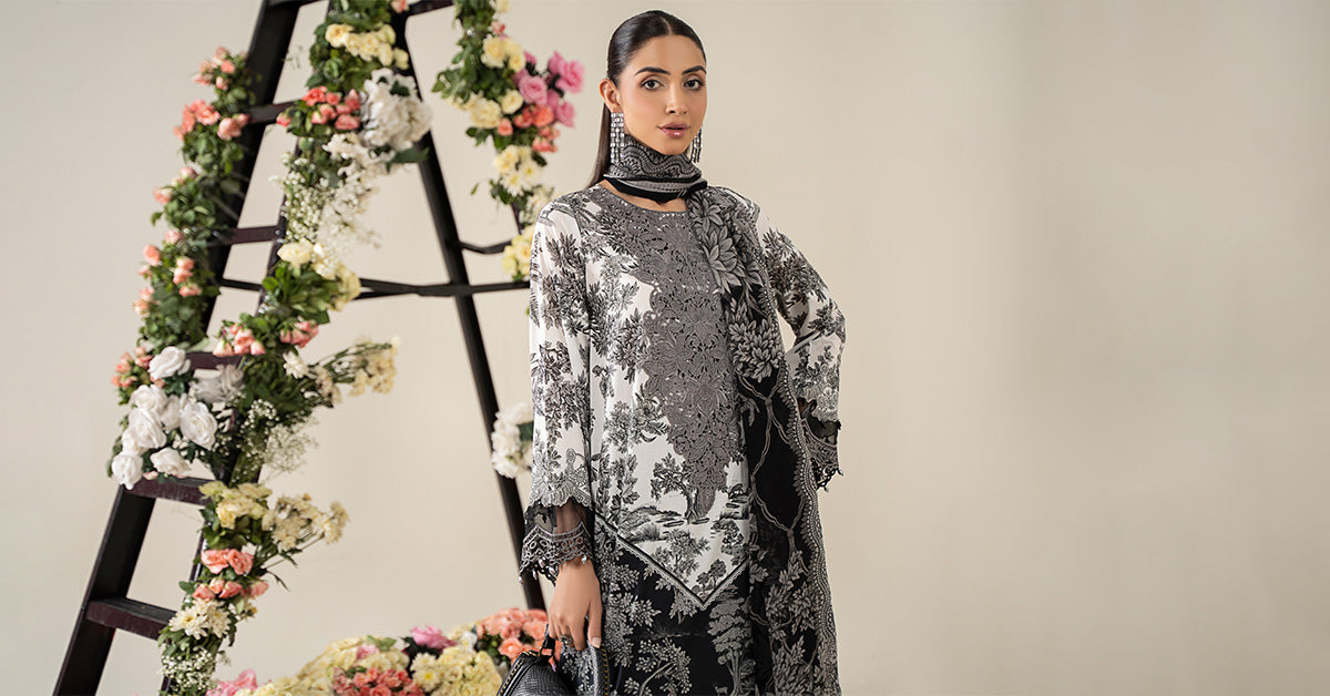 Pakistani Off-White & Black Embroidered Lawn 3-Piece Suit - Image 8