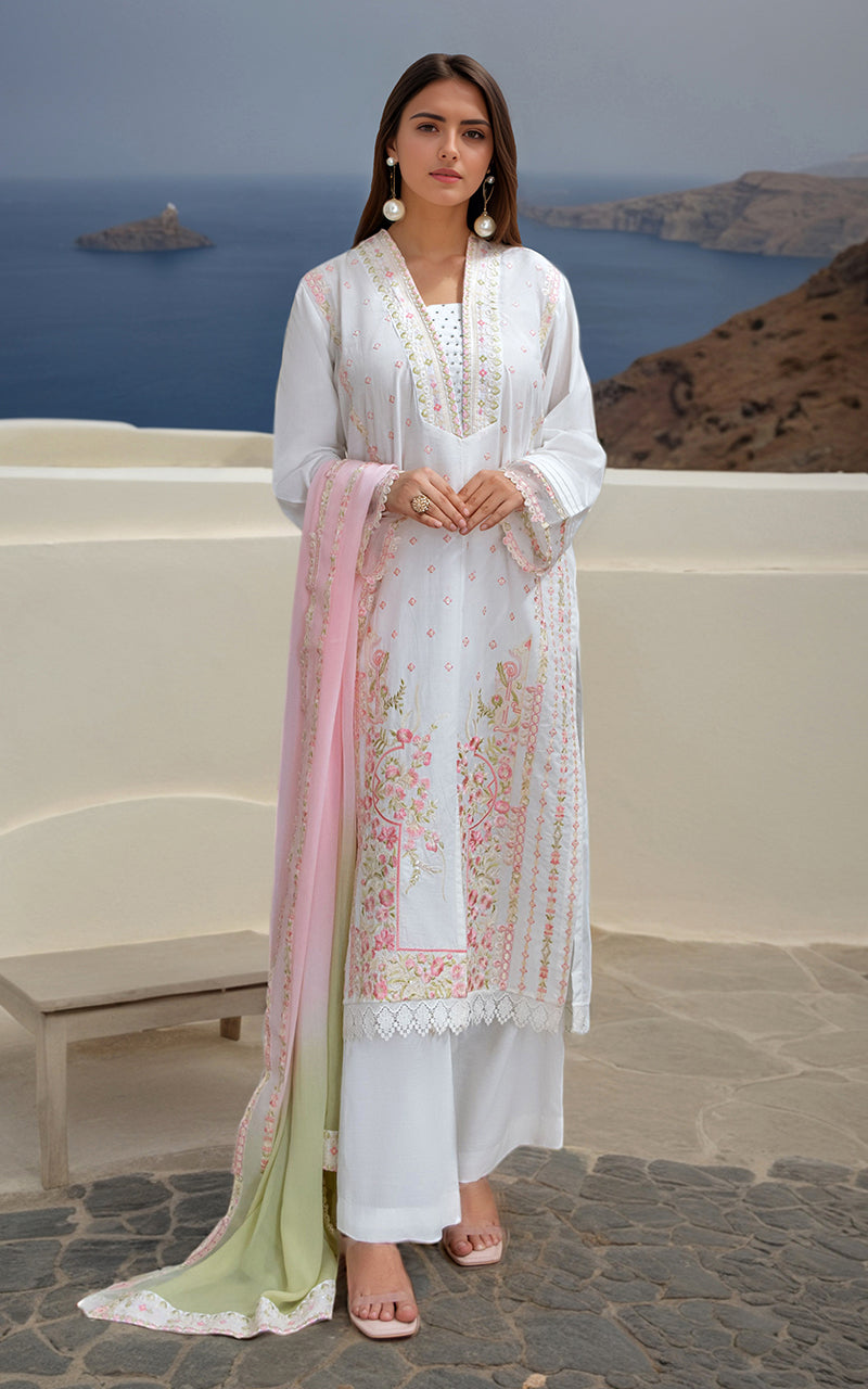 Pakistani White Embroidered Lawn 3-Piece Suit - Image 1