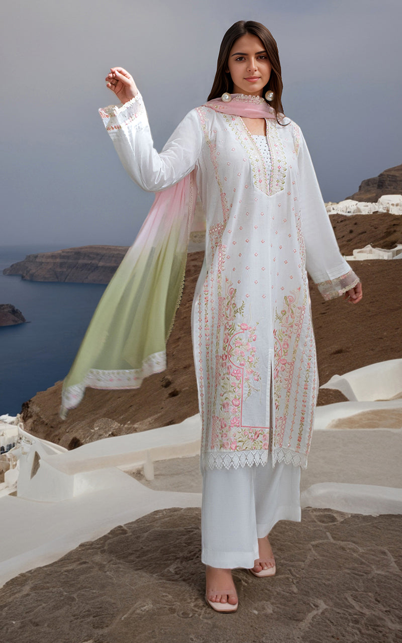 Pakistani White Embroidered Lawn 3-Piece Suit - Image 2