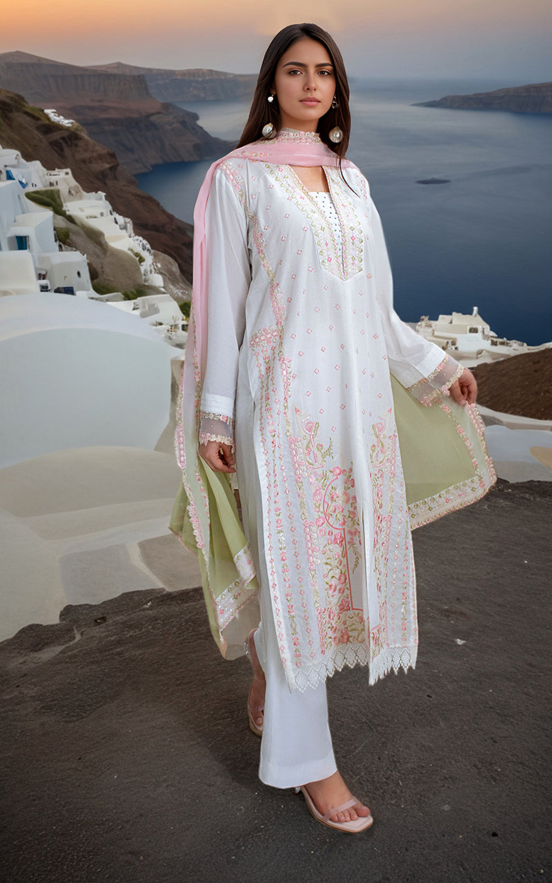 Pakistani White Embroidered Lawn 3-Piece Suit - Image 4