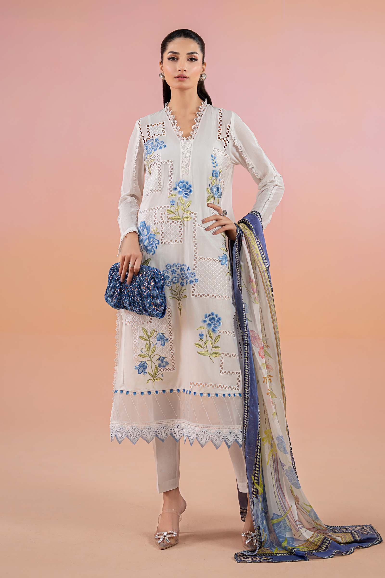 Pakistani White Blue Embroidered Lawn Salwar Kameez (3-Piece) - Image 1