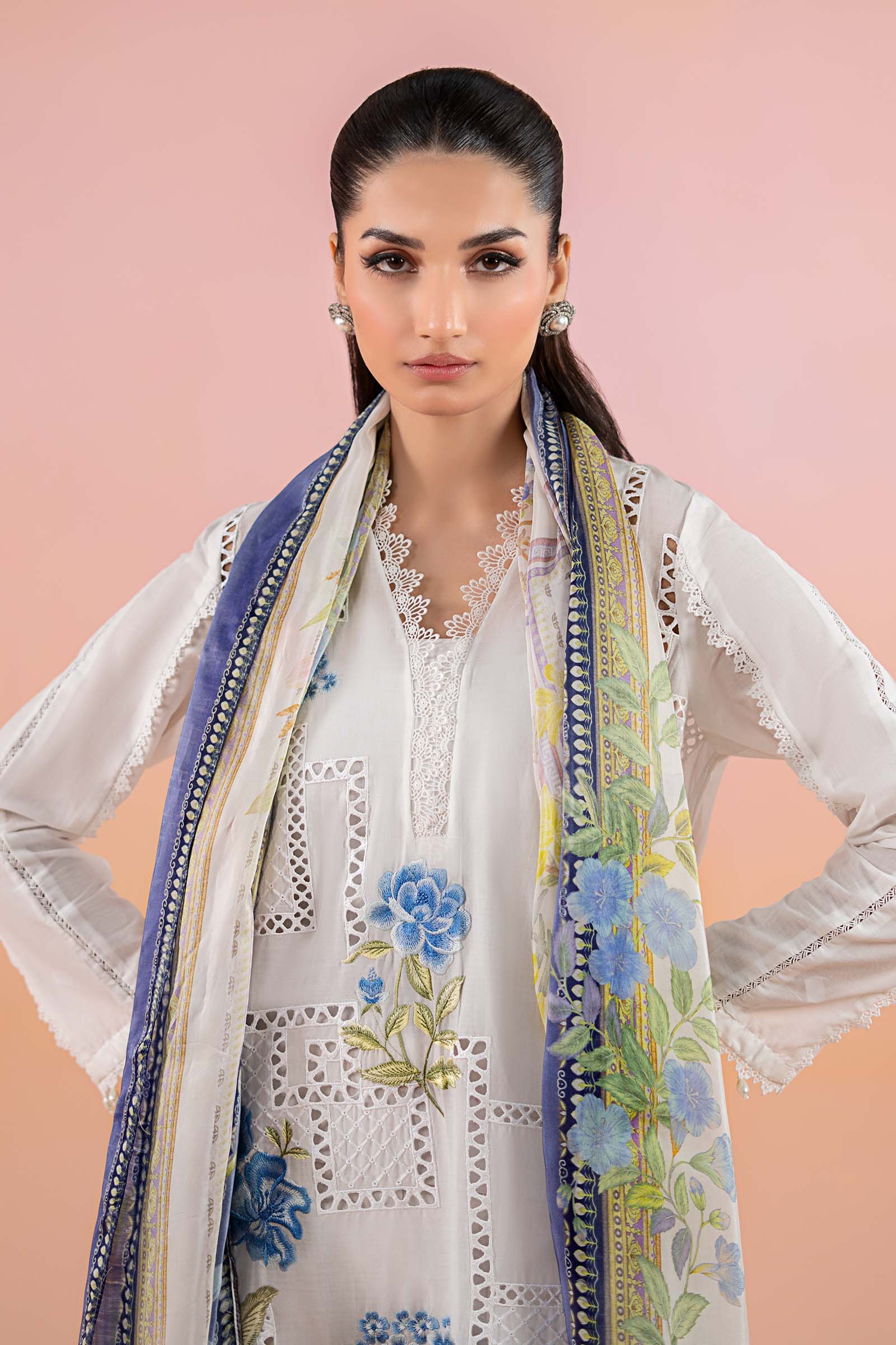 Pakistani White Blue Embroidered Lawn Salwar Kameez (3-Piece) - Image 2