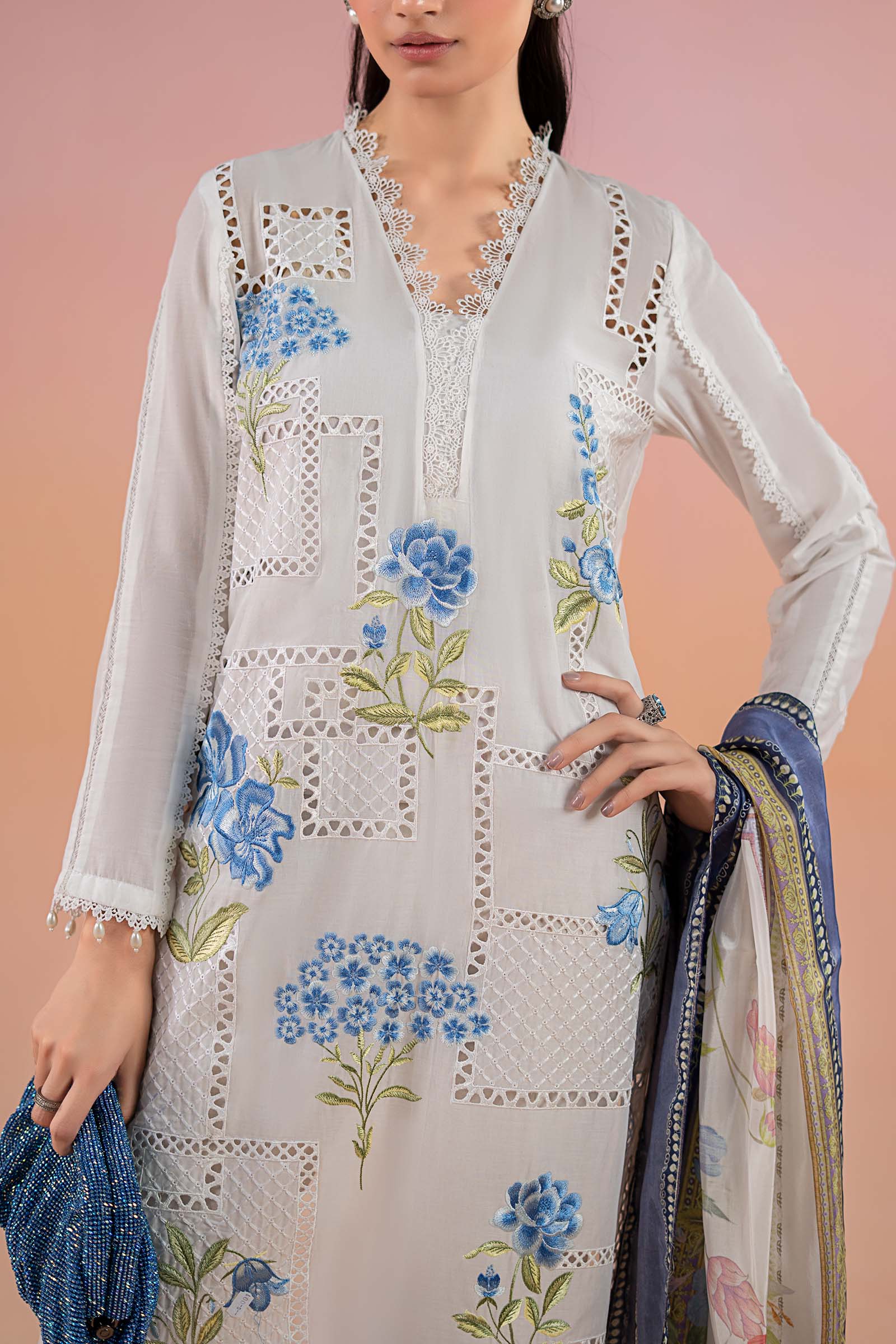 Pakistani White Blue Embroidered Lawn Salwar Kameez (3-Piece) - Image 3